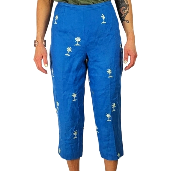 Talbots Petites Irish Linen Midrise Crop Pants Size 4 Blue Palm Trees - Picture 1 of 4